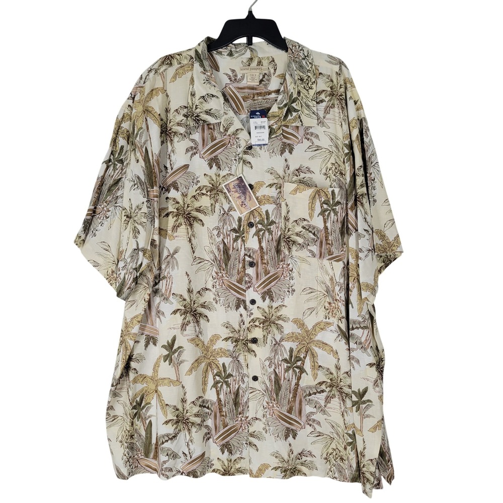 Island Passport Camp Shirt Mens 4XLT Beige Palm Tree Surfboard Rayon NWT